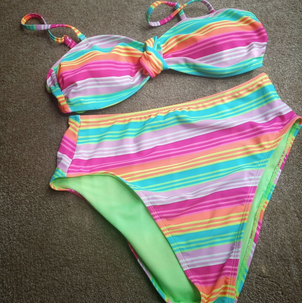 No Boundaries Green, Blue, Pink Stripe 2 Pc Bikini Set.